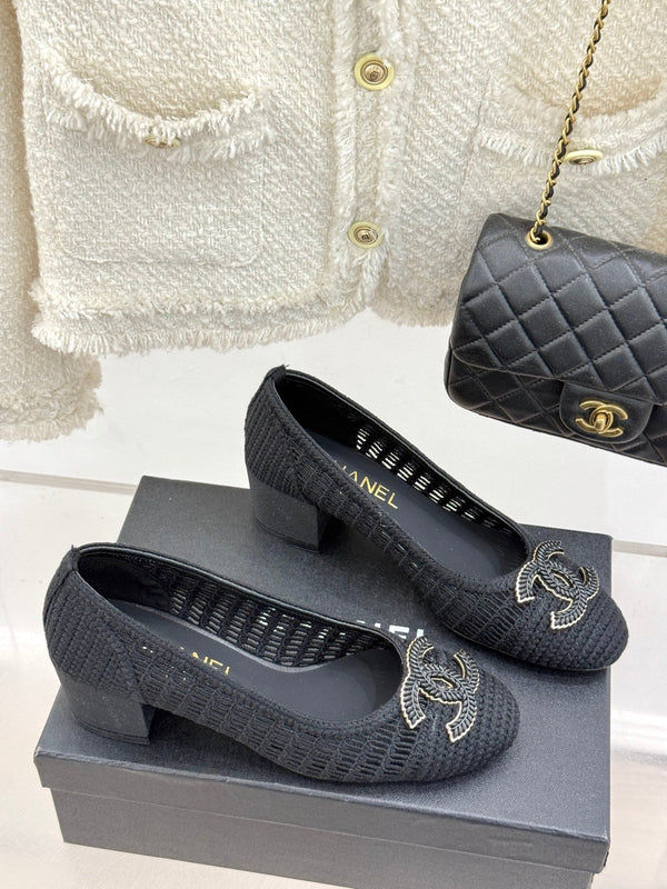 CC 25P Hollow Double C Ballet Flats 50mm Black Raffia 265639