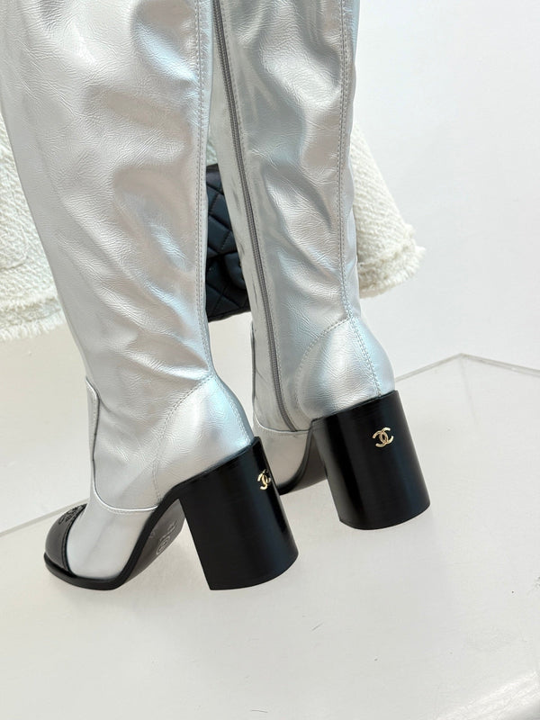 CC Classic Long Boots Block Heel 90mm Sliver Metalic Calfskin 465392