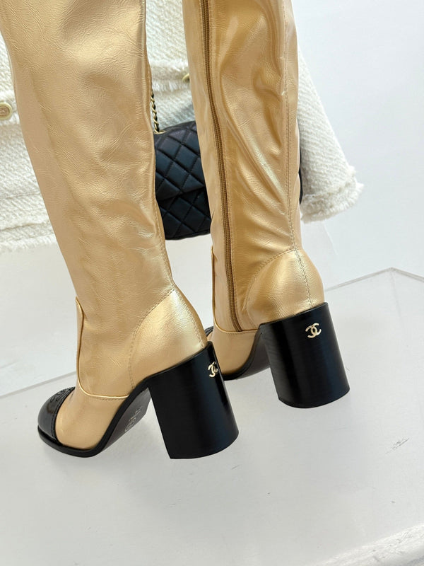 CC Classic Long Boots Block Heel 90mm Gold Metalic Calfskin 465393