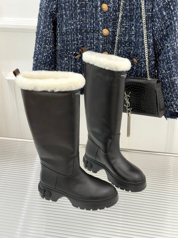LV Squad High Boot Black Cowhide White Shearing 572463