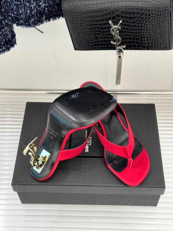 YSL Opyum Mule Sandals 8.5cm Red Satin Leather 642927