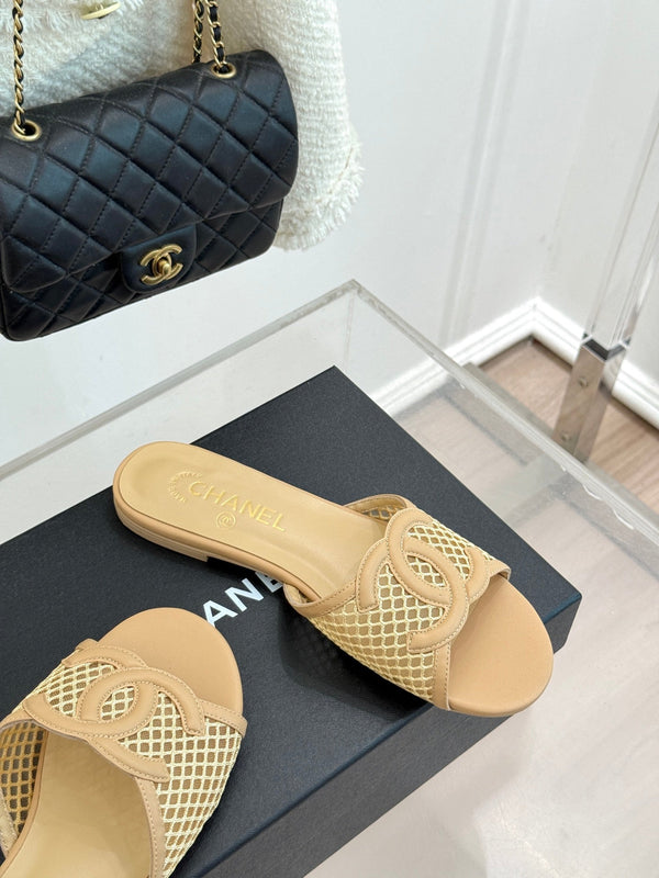 CC Openwork Slippers Beige Mesh Lambskin 825759