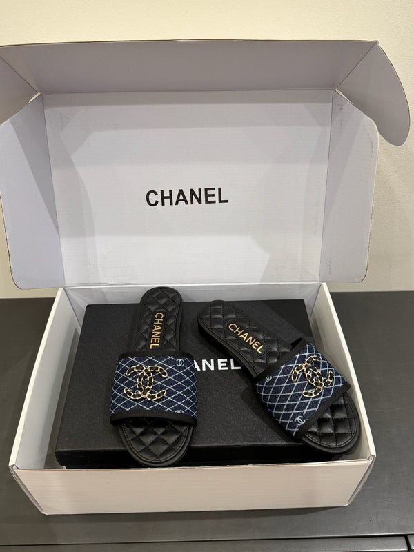 CC 25ss Chain Flat Slippers Black Blue Cowhide & Sheepskin 417564