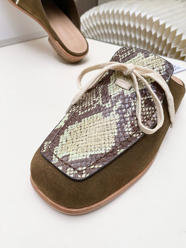 LW 26s Flat Mules In Snakeskin-Embossed Calfskin And Brown Suede