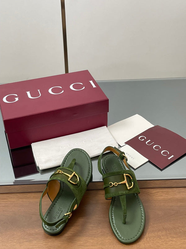 GG Horsebit Thong Flat Sandals Olive Green Sheepskin Suede 646470