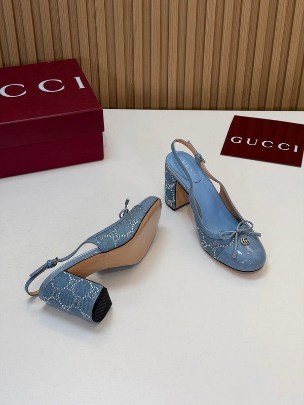 GG 26s Embellished Slingback Pumps 8CM Light Blue Denim 997171