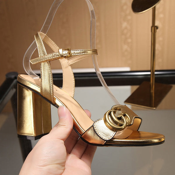GG Marmont Ankle Strap Sandal 8cm Gold Sheepskin 342566