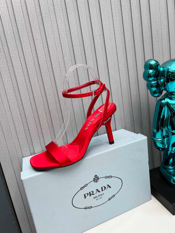 Prad 26s Ankle Strap Sandals Stiletto Heel 80mm In Dark Red Satin