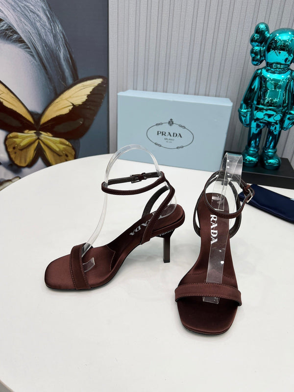 Prad 26s Ankle Strap Sandals Stiletto Heel 80mm In Dark Brown Satin