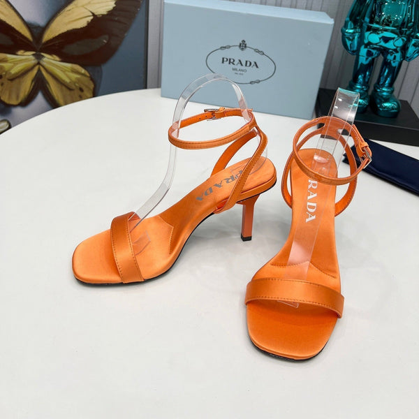 Prad 26s Ankle Strap Sandals Stiletto Heel 80mm In Orange Satin