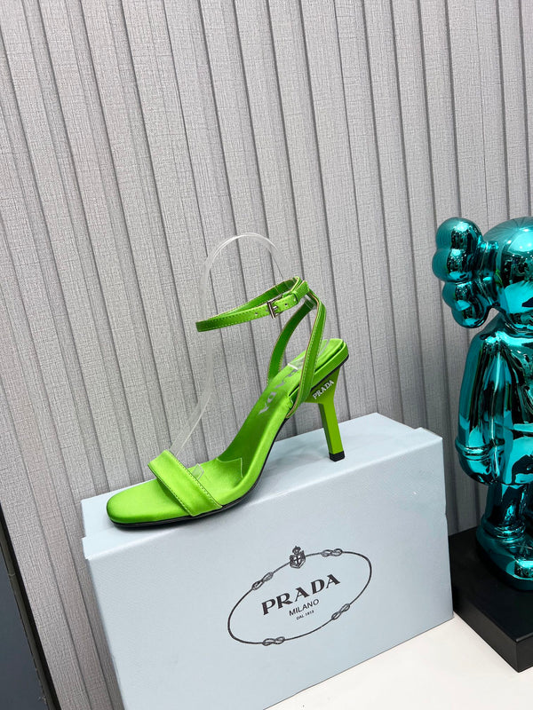 Prad 26s Ankle Strap Sandals Stiletto Heel 80mm In Lime Green Satin