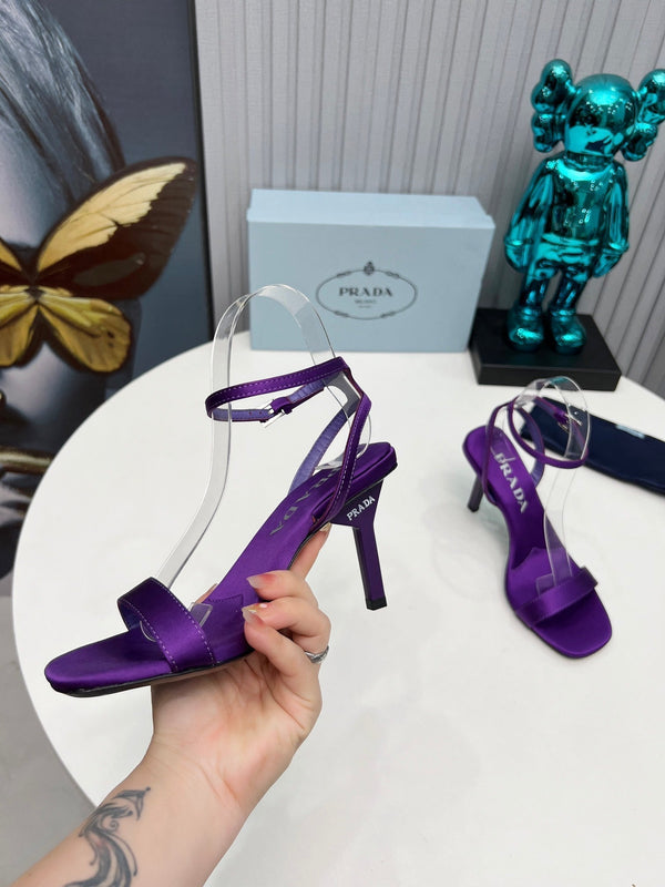 Prad 26s Ankle Strap Sandals Stiletto Heel 80mm In Deep Purple Satin