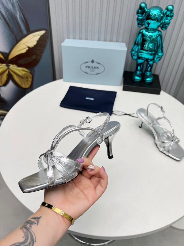 Prad 26s Strappy Sandals Stiletto Heel 60mm In Silver Calfskin