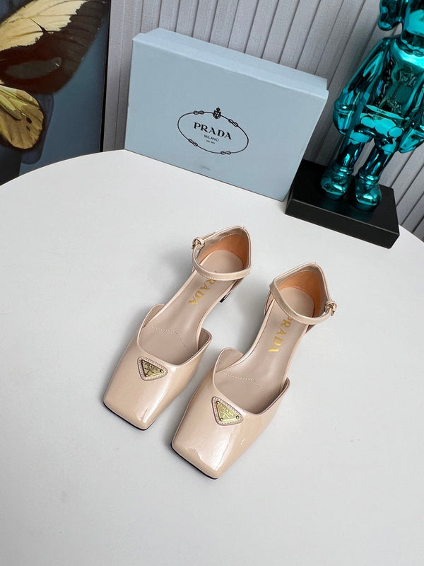 Prad 26s Ankle Strap Pumps 40mm In Nude Beige Patent Calfskin Triangle Logo