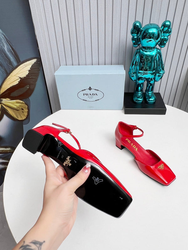Prad 26s Ankle Strap Pumps 40mm In Red Patent Calfskin Triangle Logo