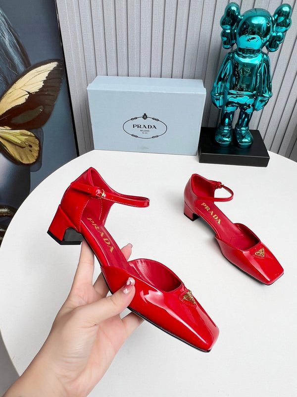Prad 26s Ankle Strap Pumps 40mm In Red Patent Calfskin Triangle Logo