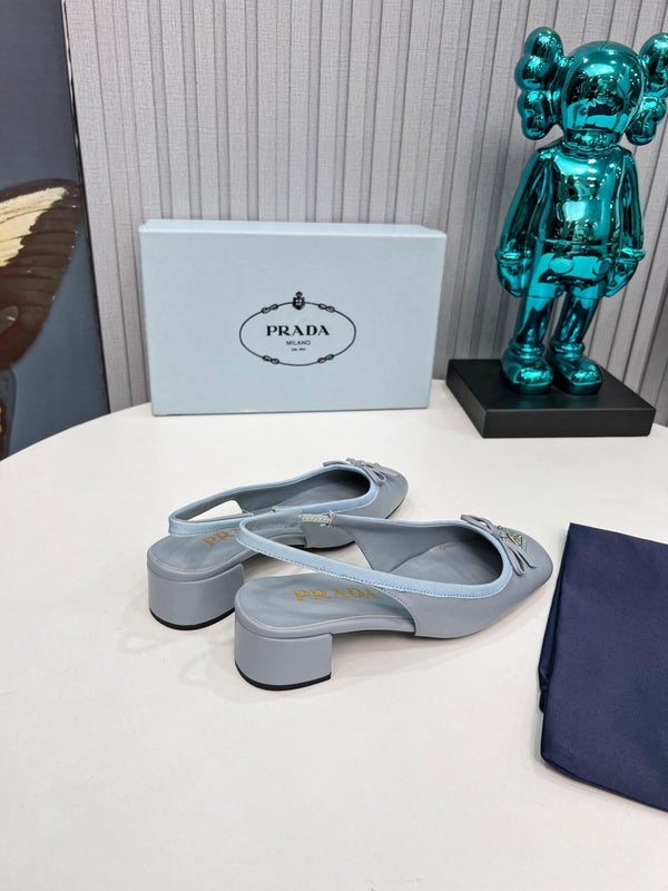 Prad 26s Round Toe Slingback Pumps 40mm In Light Blue Calfskin With Bow