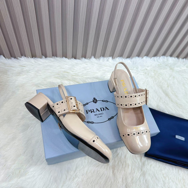 Prad 26s Square Toe Studded Slingback Block Heel 40mm In Beige Patent Calfskin