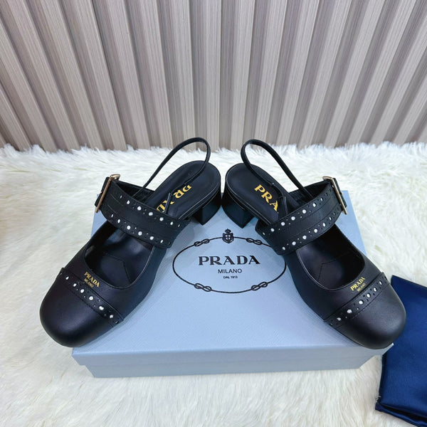 Prad 26s Square Toe Studded Slingback Block Heel 40mm In Black Calfskin