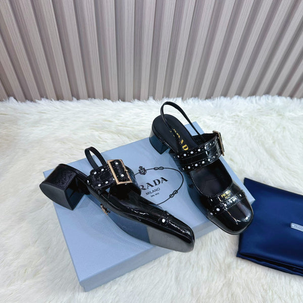 Prad 26s Square Toe Studded Slingback Block Heel 40mm In Black Patent Calfskin