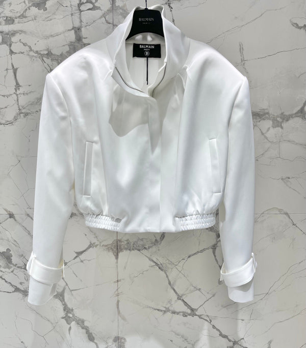 Balmain 26s Padded Shoulder Acetate Short Jacket White Polyester 408621