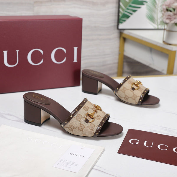 GG 26s Horsebit Mid-Heel Slide Sandal 6.5cm Beige Brown Canvas Lambskin 961273