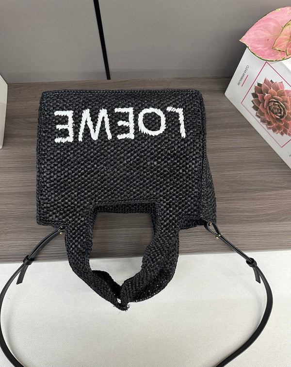 Loewe Small Font Tote Black Raffia