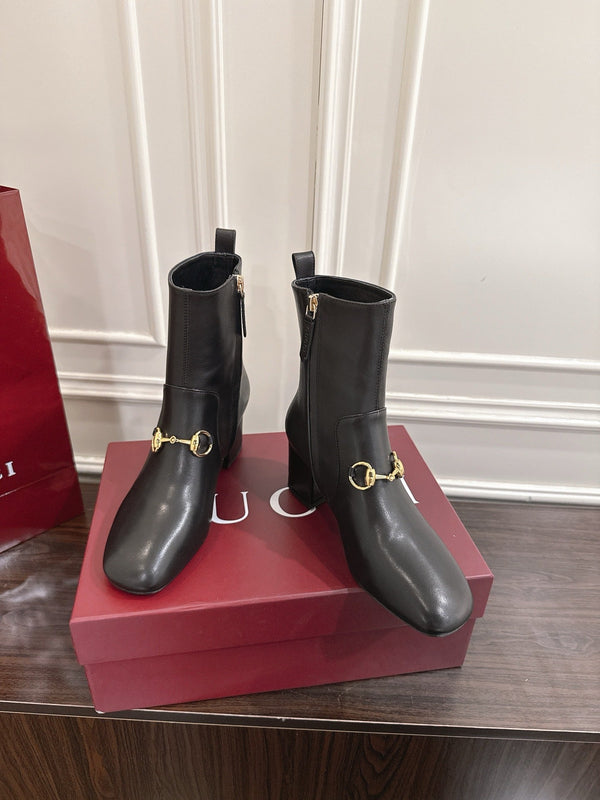 Gucci Horsebit Chunky Heel Ankle Boots Black Cowhide 490560