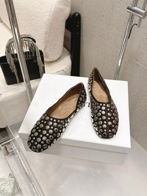 CL 26s Flat Shoes In Dark Brown Suede With Metal Studs