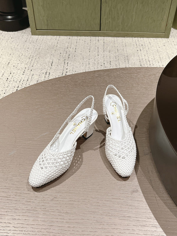 CC 26s Slingback Block Heel White Woven Sheepskin 762817