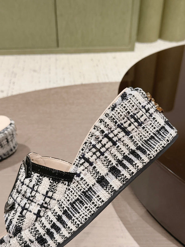 CC 26s Platform Mules Black White Lambskin Fabric 916993