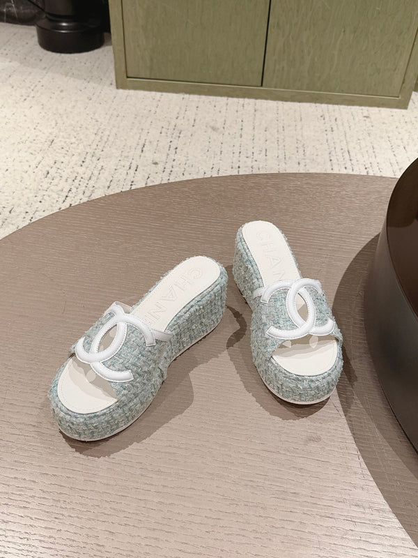 CC 26s Platform Mules Grey Blue Lambskin Fabric 916996
