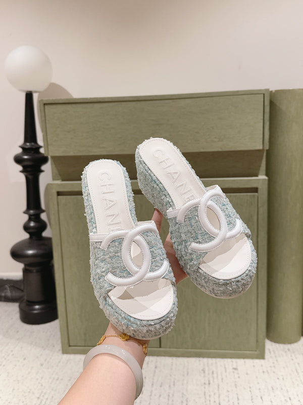 CC 26s Platform Mules Grey Blue Lambskin Fabric 916996