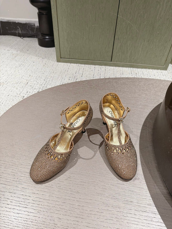 CC 26s T-strap Slingback 6.5cm Gold Lambskin/Rhinestones 917015