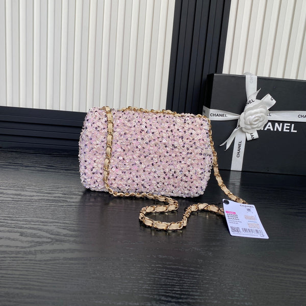 CC 24K Flap Bag 20cm Pink White Sequin Beige Lambskin