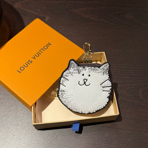 LV Monogram Kitty Coin Purse Charm White Brown Leather Canvas