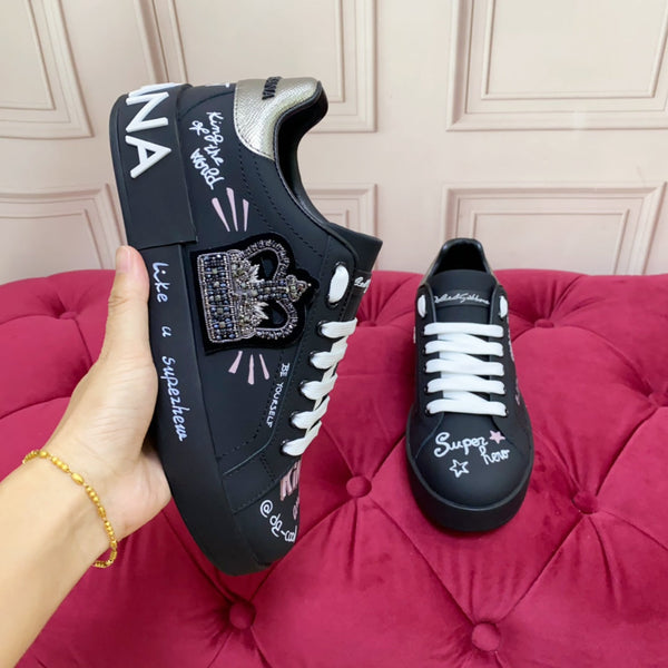 DC 24 Portofino Sneakers Black Digital-Print Sheepskin & Crown Embroidery 100859