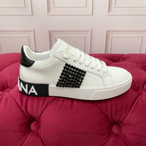 DC 25 Portofino Vintage Sneakers Black White Cowhide & Rhinestone Silk 333876