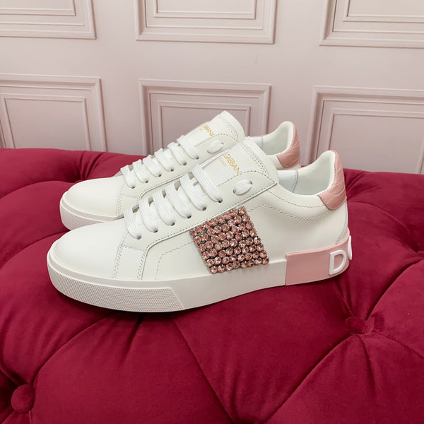 DC 25 Portofino Vintage Sneakers Pink White Cowhide & Rhinestone Silk 333877