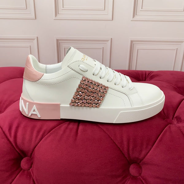 DC 25 Portofino Vintage Sneakers Pink White Cowhide & Rhinestone Silk 333877