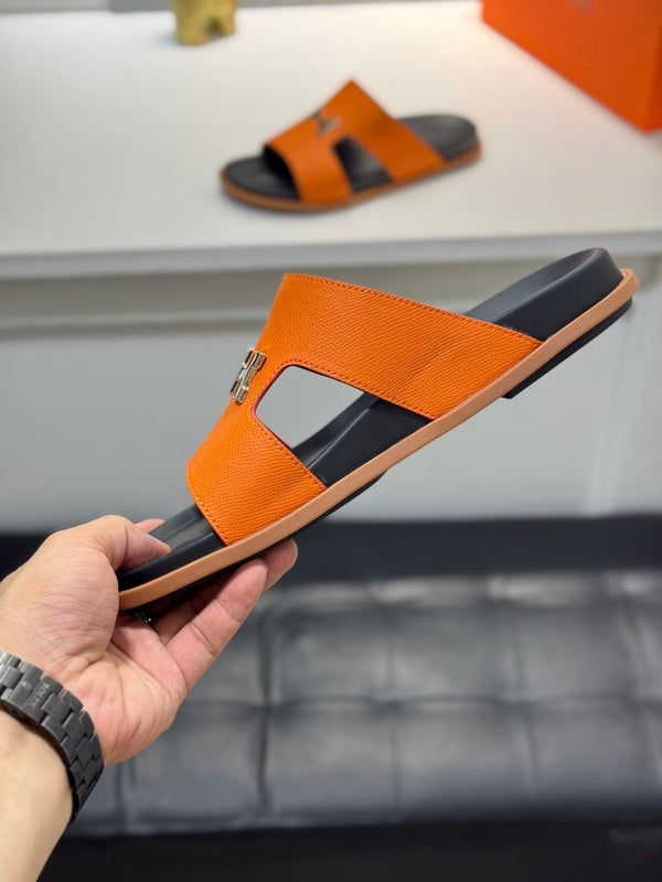 HM Oran H Black Gold Buckle Slippers in Orange Cowhide 735253