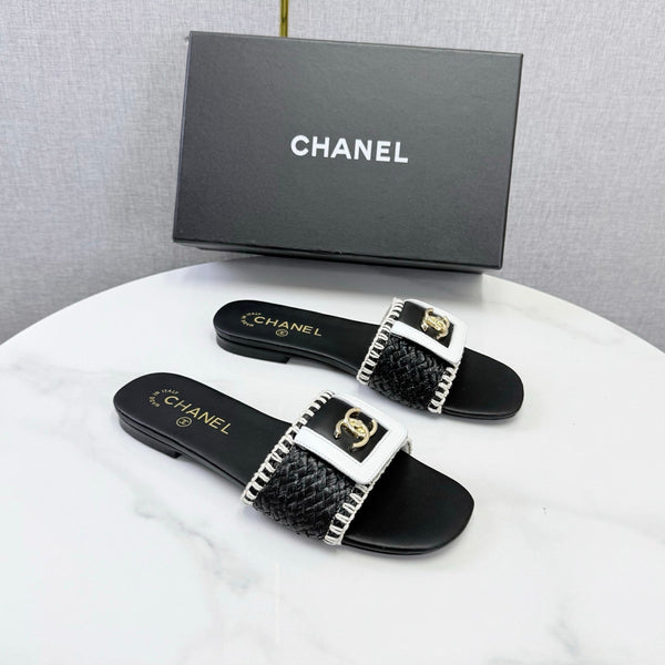 CC 26s Woven Strap Slides Black White Lambskin