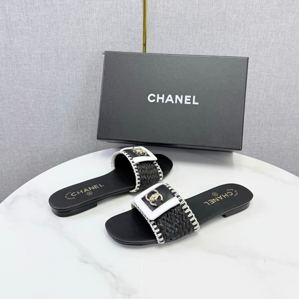 CC 26s Woven Strap Slides Black White Lambskin