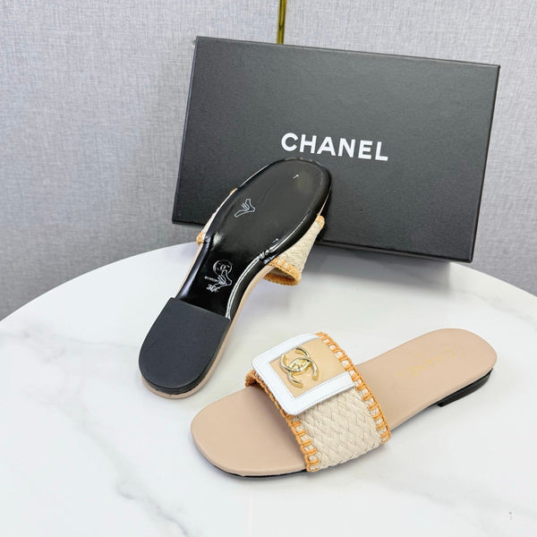 CC 26s Woven Strap Slides Beige Orange Lambskin