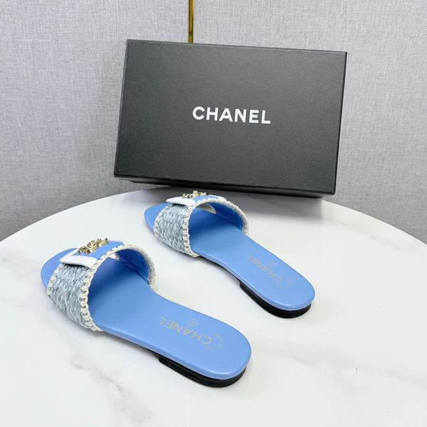 CC 26s Woven Strap Slides Sky Blue Lambskin