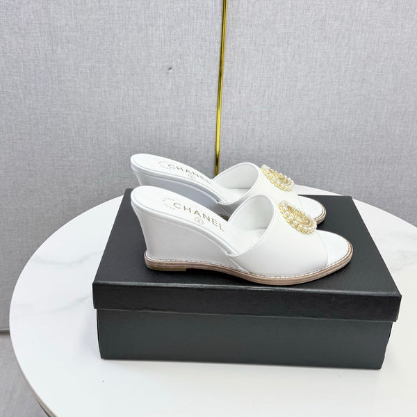 CC 26s Wedge Heels In White Lambskin With CC Pearl Embellished
