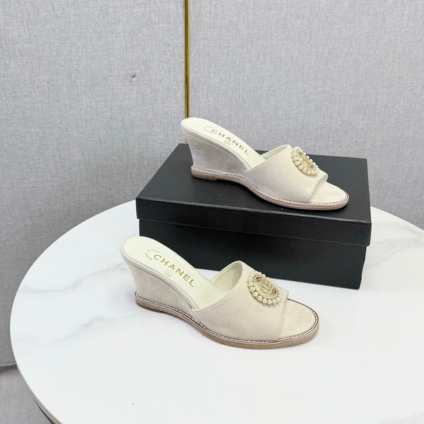 CC 26s Wedge Heels In Light Beige Suede With CC Pearl Embellished