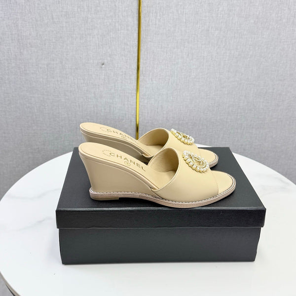 CC 26s Wedge Heels In Beige Lambskin With CC Pearl Embellished