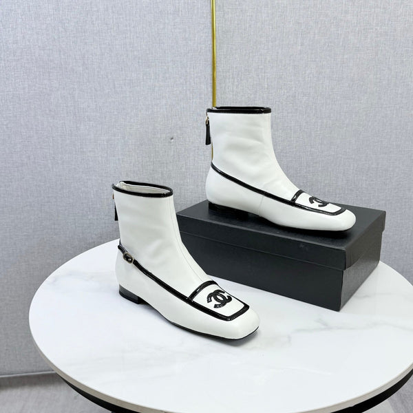 CC 26s Square Toe Low Heel Boots Black White Sheeepskin 972806
