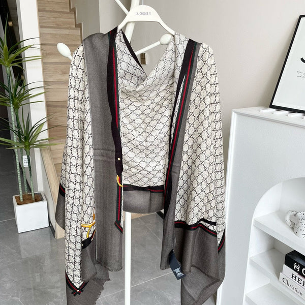 SCARF 200 CM IN KHAKI BROWN MONOGRAM WOOL 399767